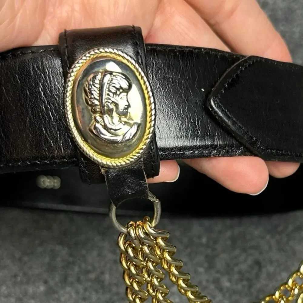 Vintage Avignon black leather chain belt SM gold medallion old money Renaissance